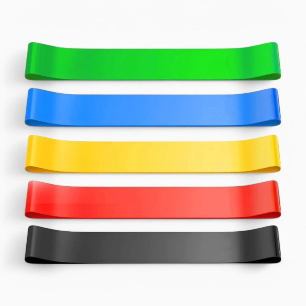 Set of five resistance bands in green, blue, yellow, red, and black on a white background - Cheap Gym Equipment | Gym Superstore