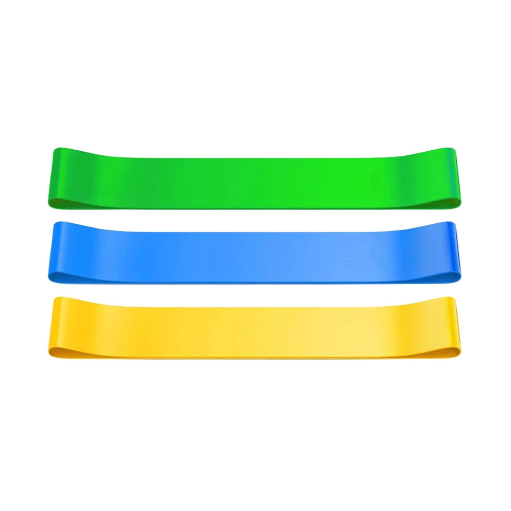 Three resistance bands in green, blue, and yellow on a white background