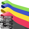 Four colorful resistance bands with sustainability and quality features displayed.