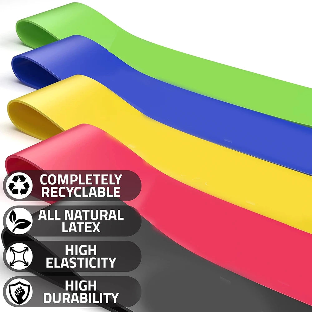 Four colorful resistance bands with sustainability and quality features displayed.