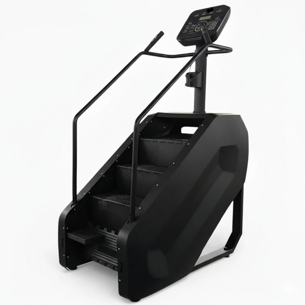 Black step machine with digital display on a white background