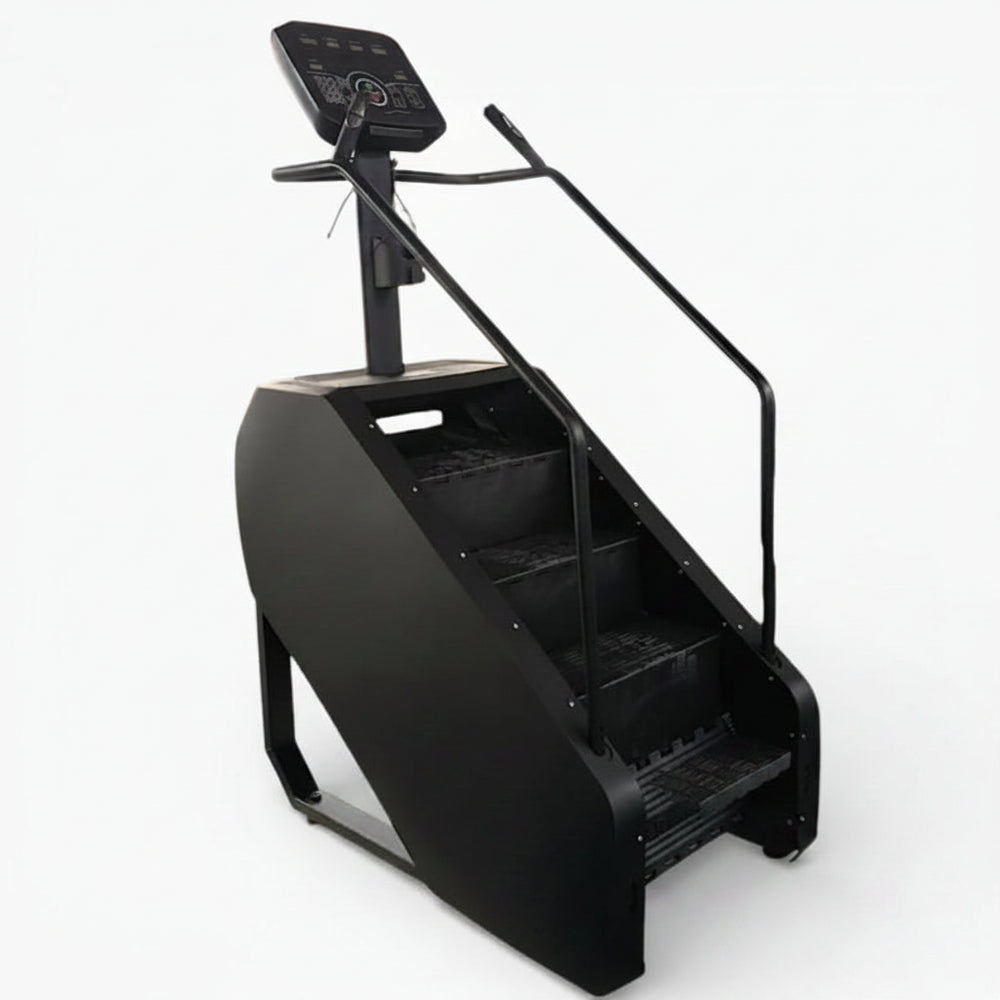 Black stair stepper exercise machine on a white background