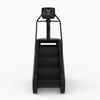 Black step platform with digital display on a white background