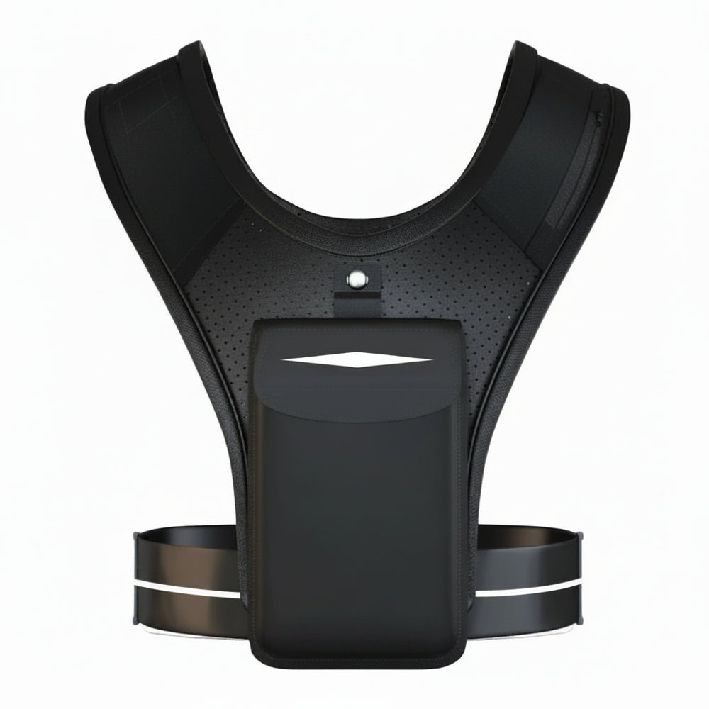Black athletic vest with a pocket and straps on a white background