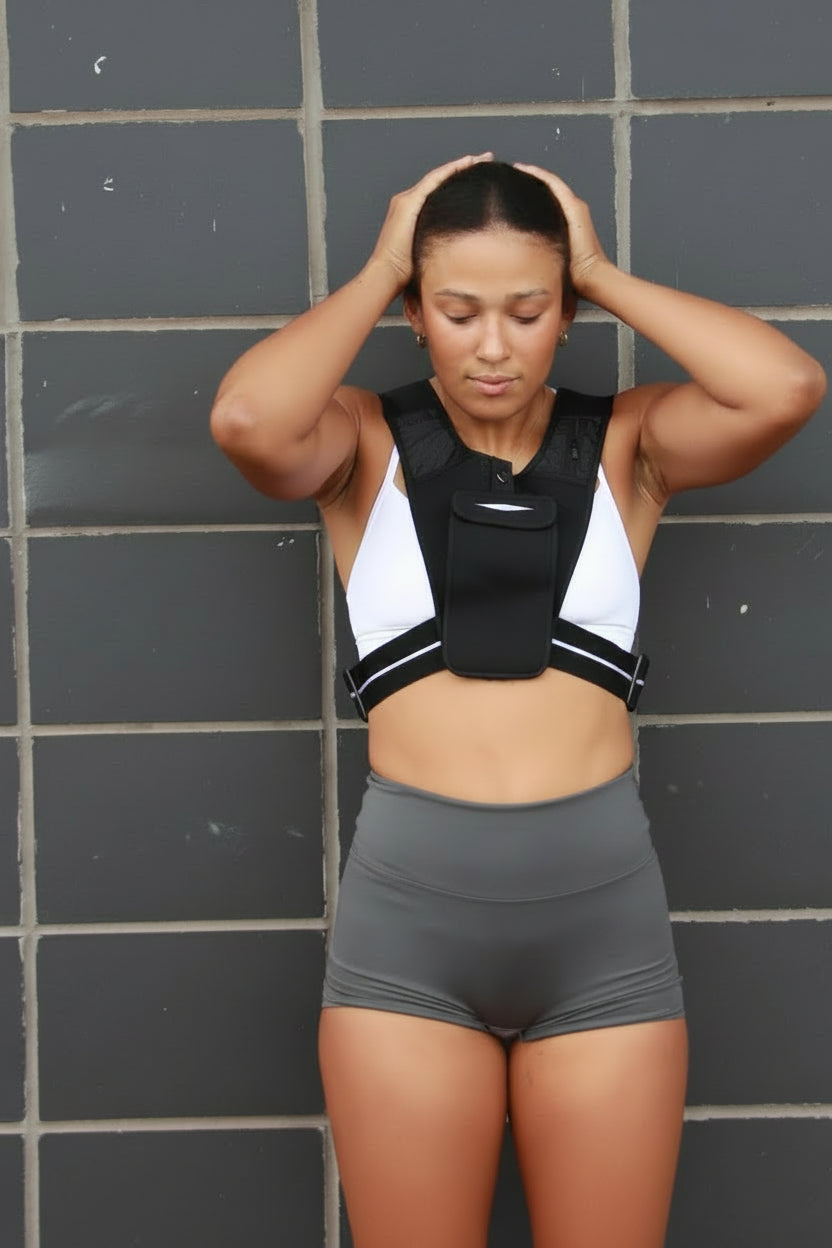 Woman wearing a sports bra and shorts against a tiled wall