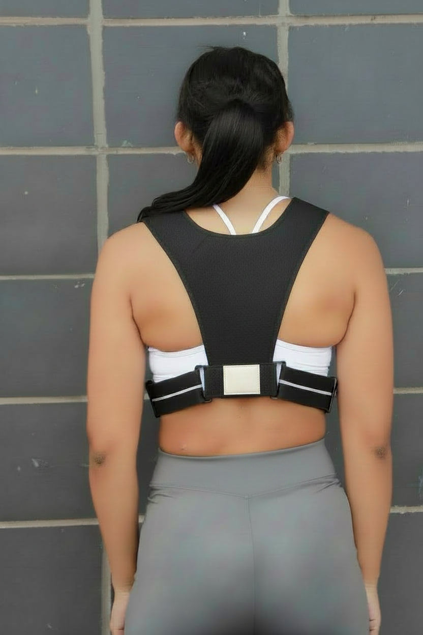 Person wearing a black and white sports bra with visible branding against a gray tiled wall.