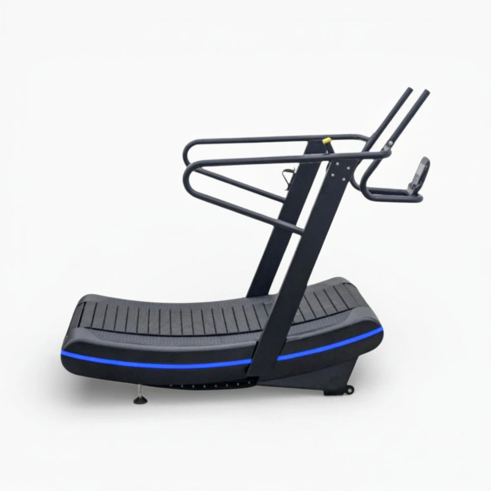 Black and blue treadmill on a white background
