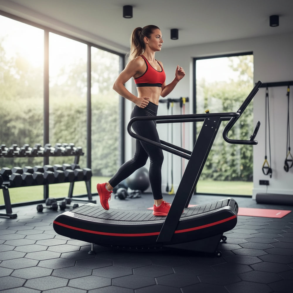 Woman exercising on a treadmill in a gym setting
