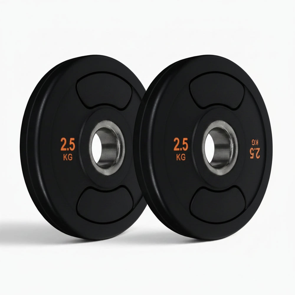 Two black weight plates on a white background