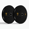 Two black weight plates on a white background