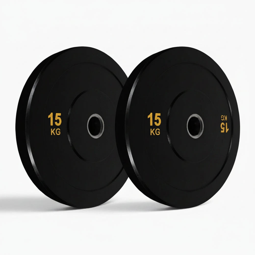 Two black weight plates on a white background