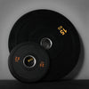 Two black weight plates on a gray background