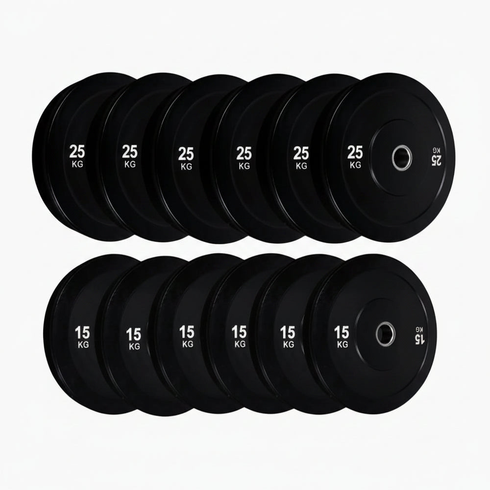 Set of black gym weight plates with labeled weights on a white background
