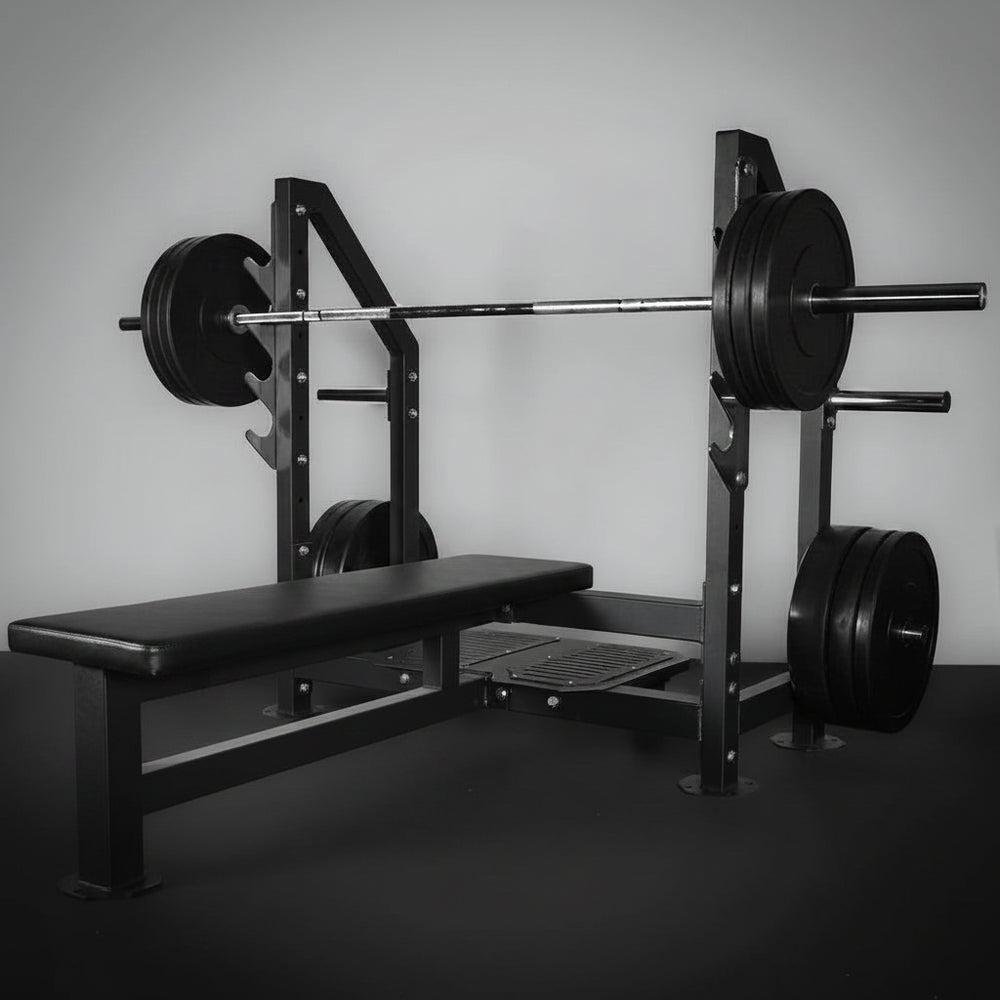 Weight bench with barbell and weights on a gray background