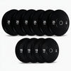 Set of black weight plates on a white background