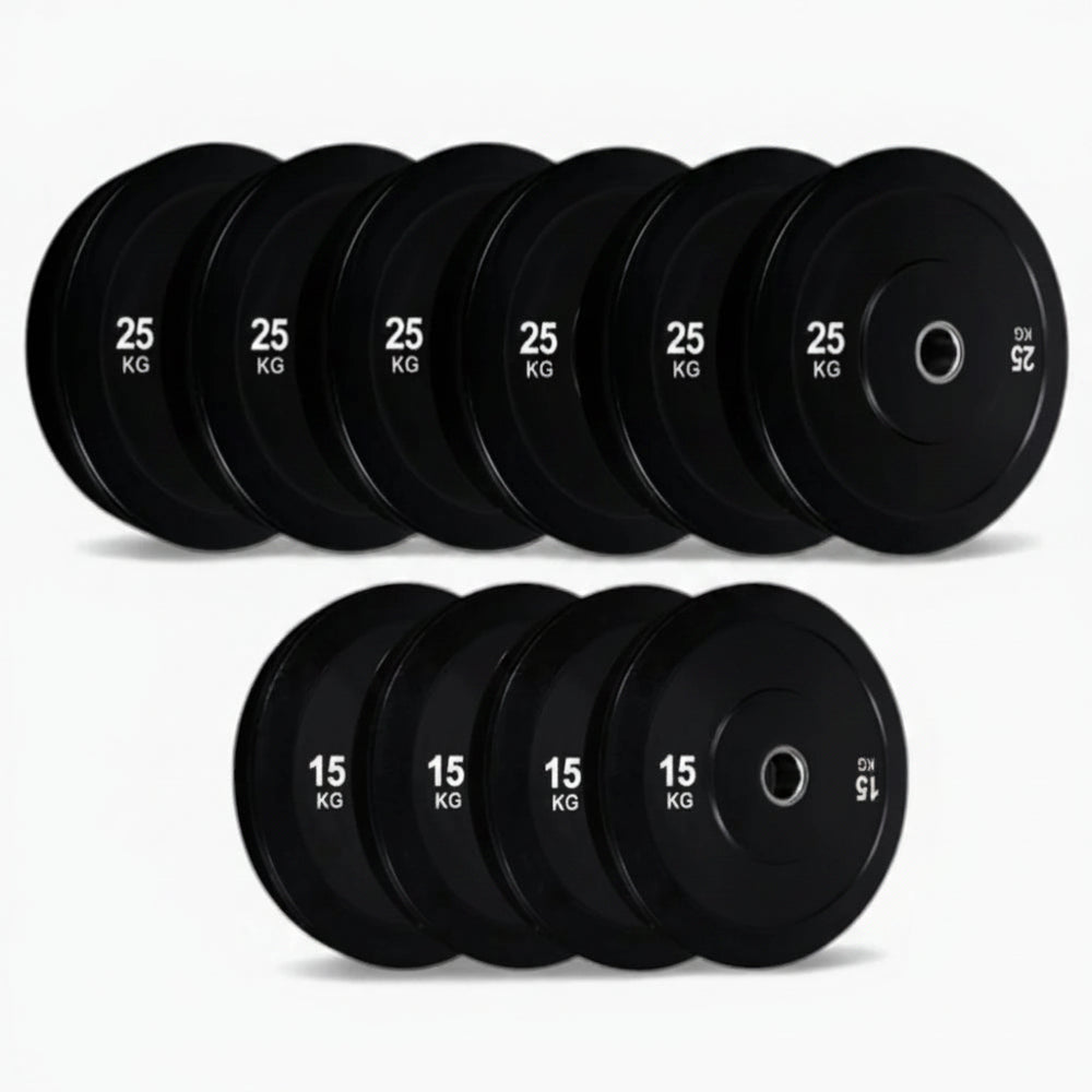 Set of black weight plates on a white background