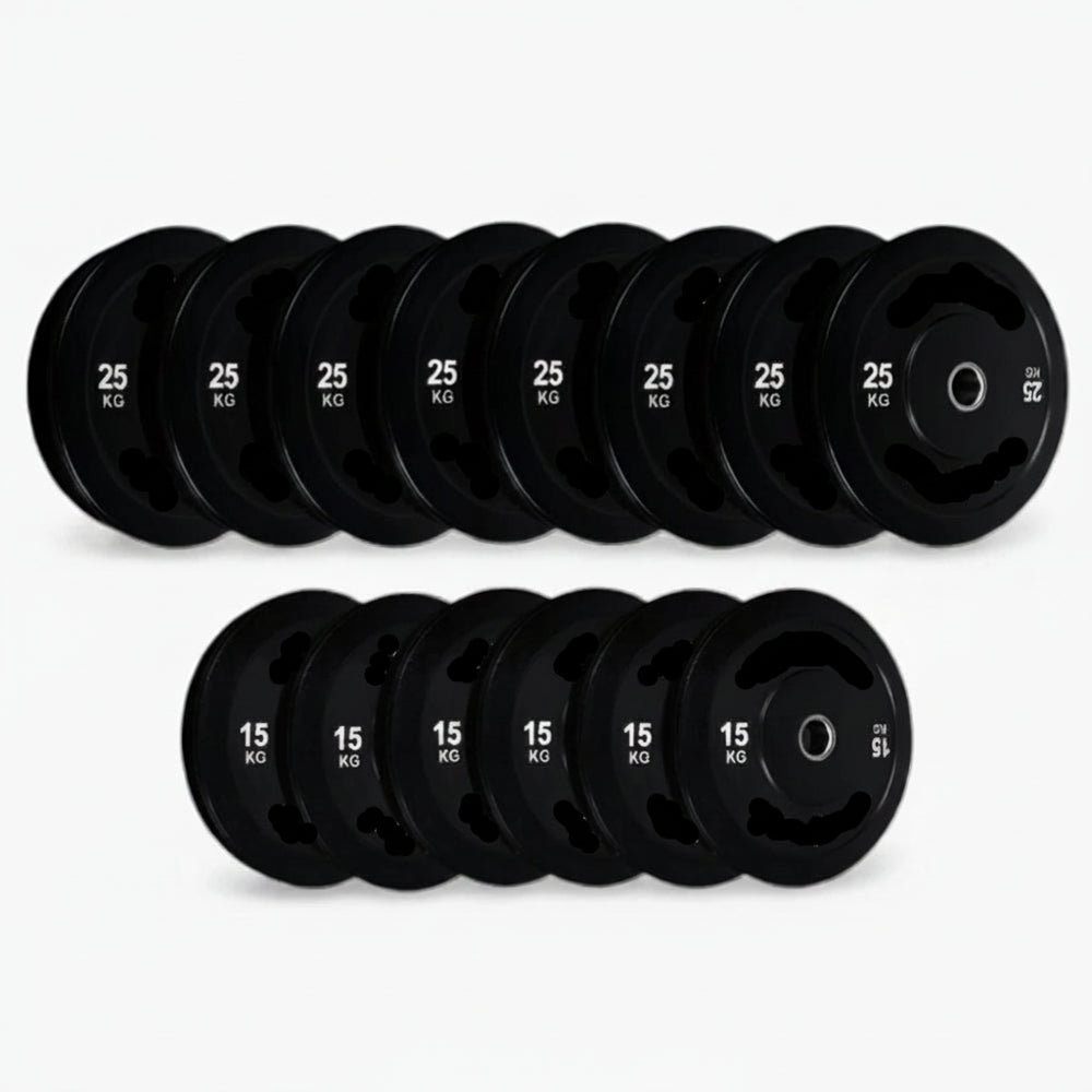 Set of black weight plates with visible branding on a white background