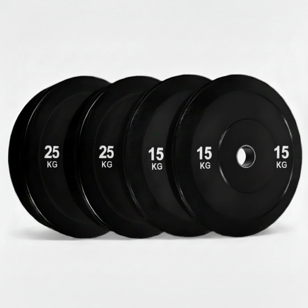Set of black gym weight plates on a white background Main image