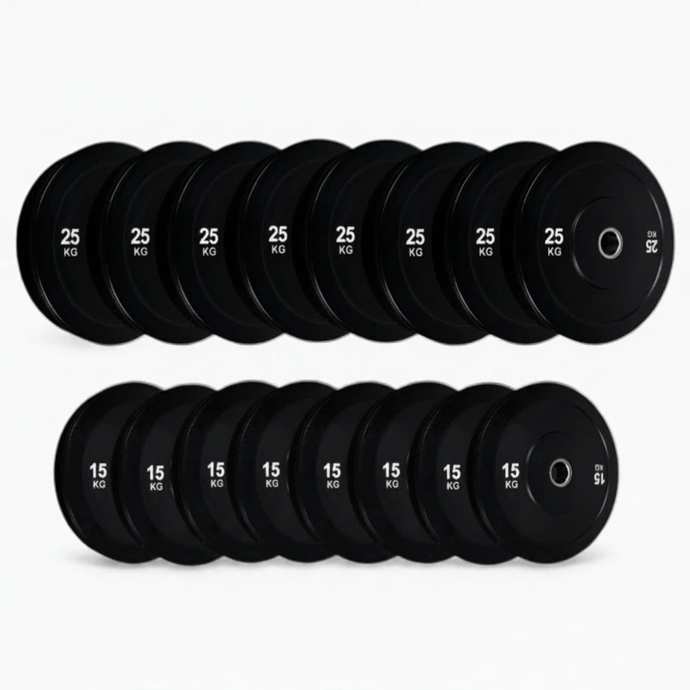 Set of black weight plates on a white background