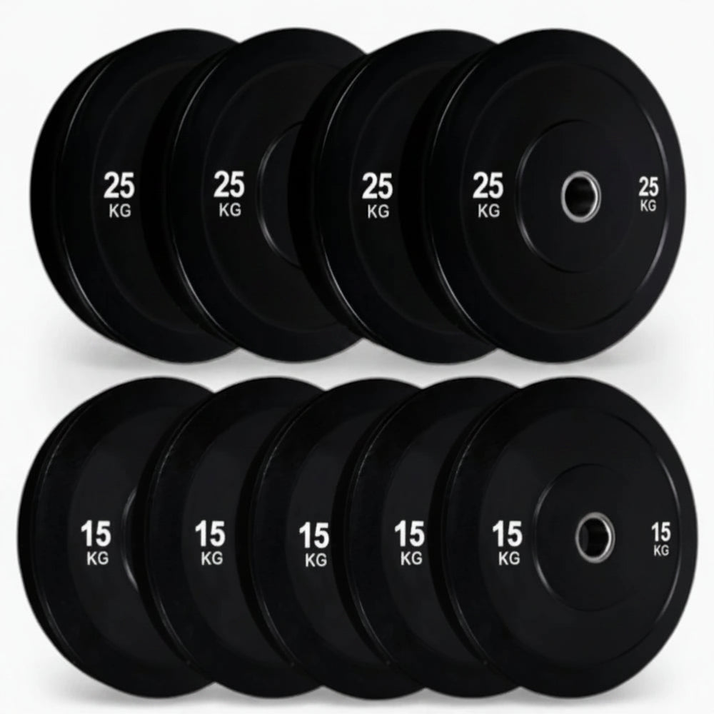Set of black gym weight plates on a white background
