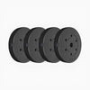 Four black weight plates on a white background