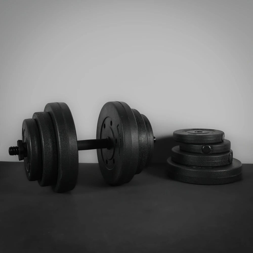 Dumbbell with weight plates on a dark surface against a light background