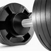 Close-up of a black dumbbell with a metallic bar on a white background