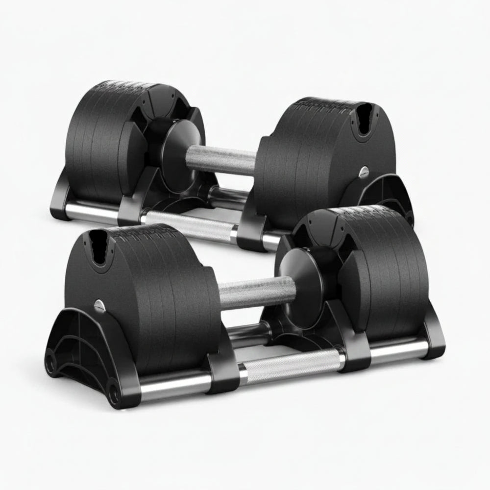 Pair of adjustable dumbbells on a white background