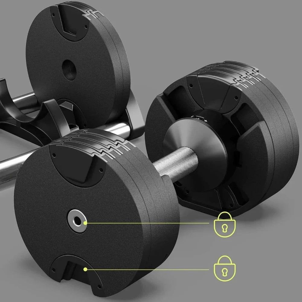 Pair of adjustable dumbbells on a gray background