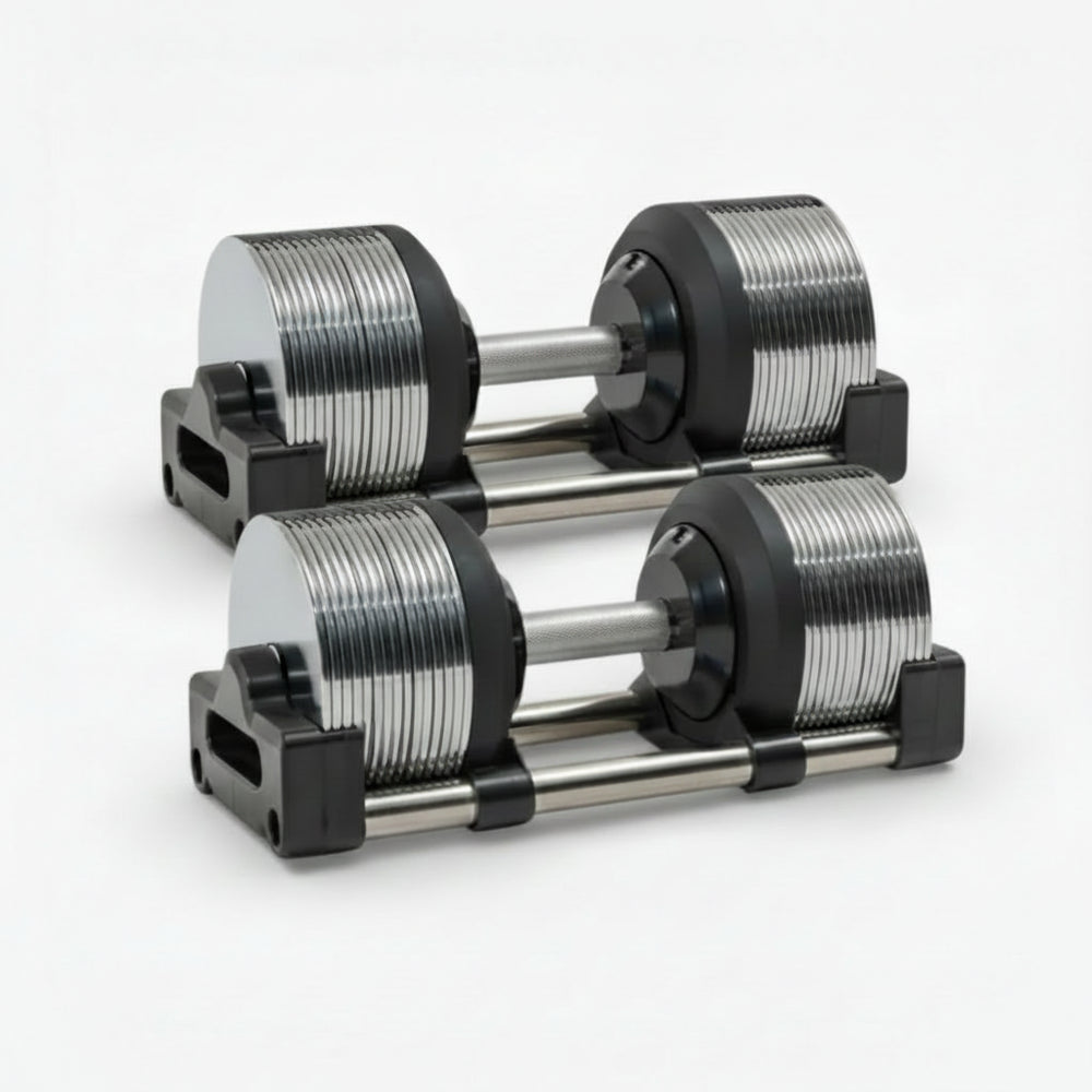 Pair of adjustable dumbbells on a white background