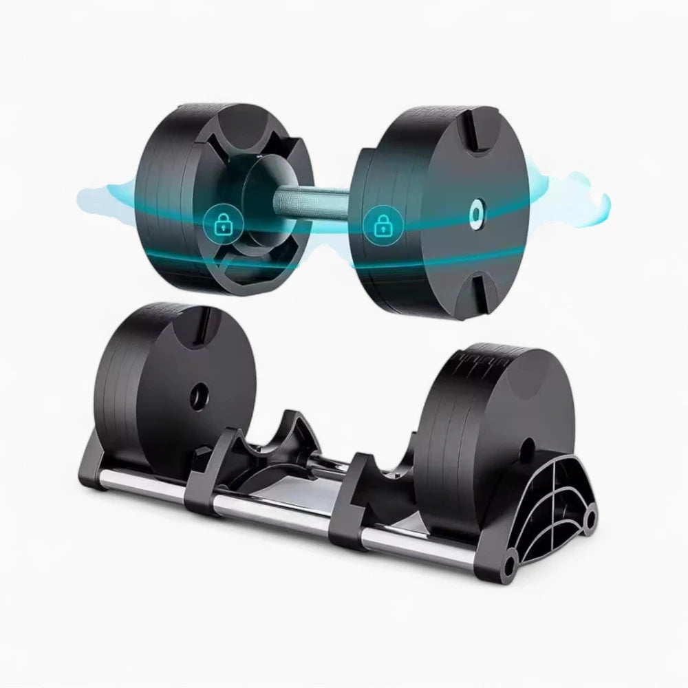 Black adjustable dumbbell set with a stand on a white background