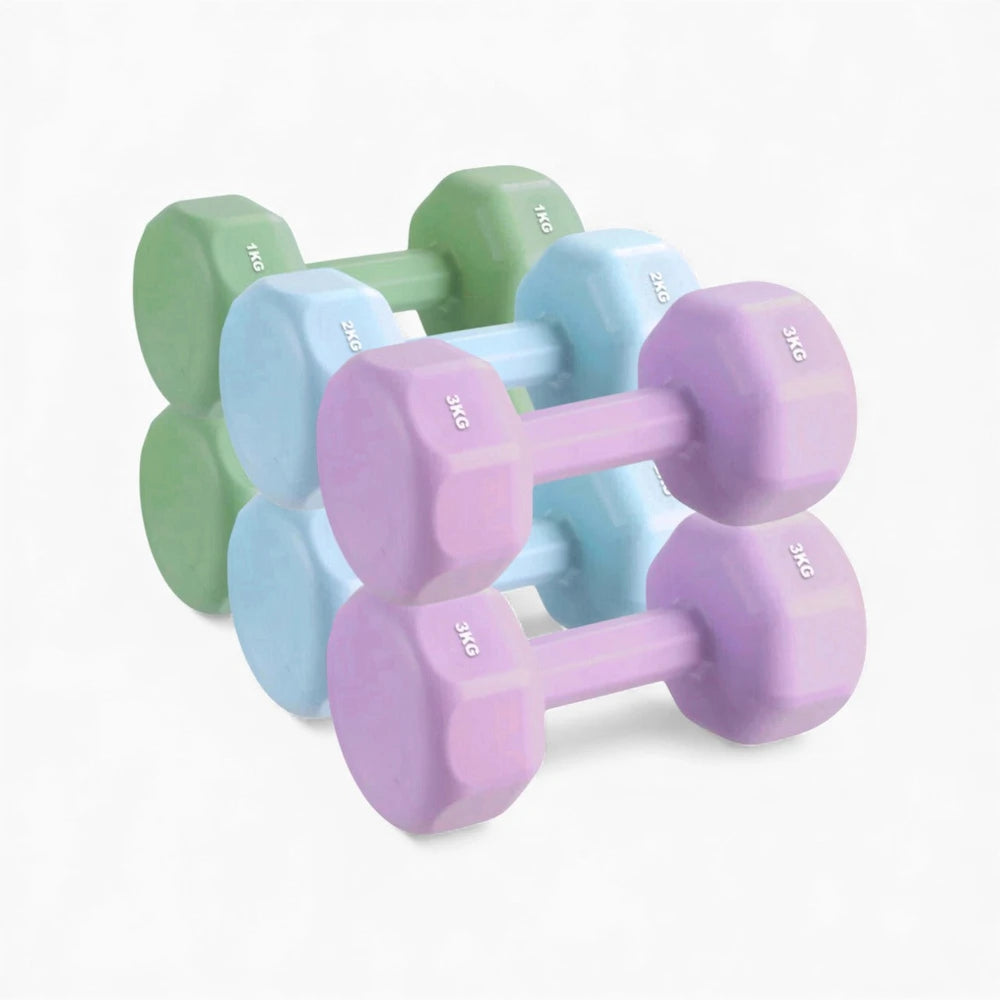 Set of pastel-colored dumbbells on a white background