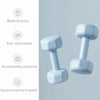 Pair of blue dumbbells with features listed on a light gray background