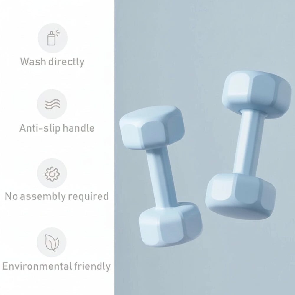 Pair of blue dumbbells with features listed on a light gray background