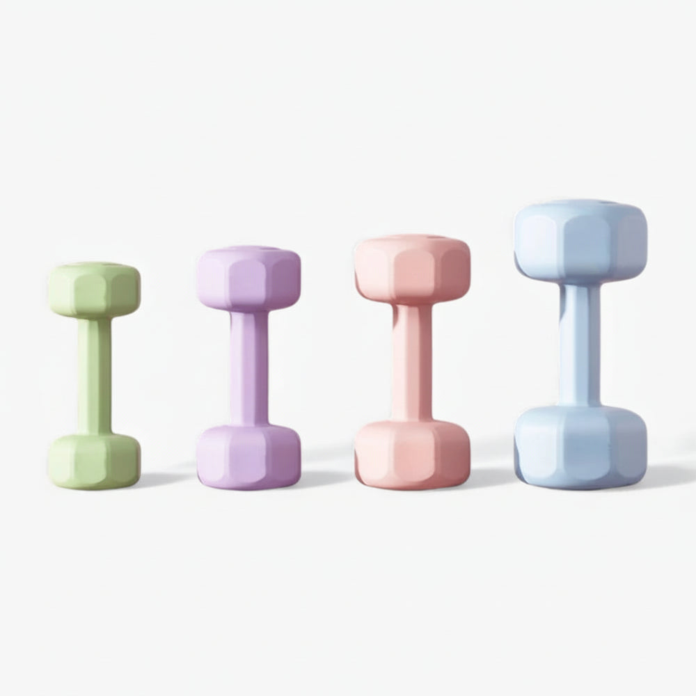 Four pastel-colored dumbbells on a white background