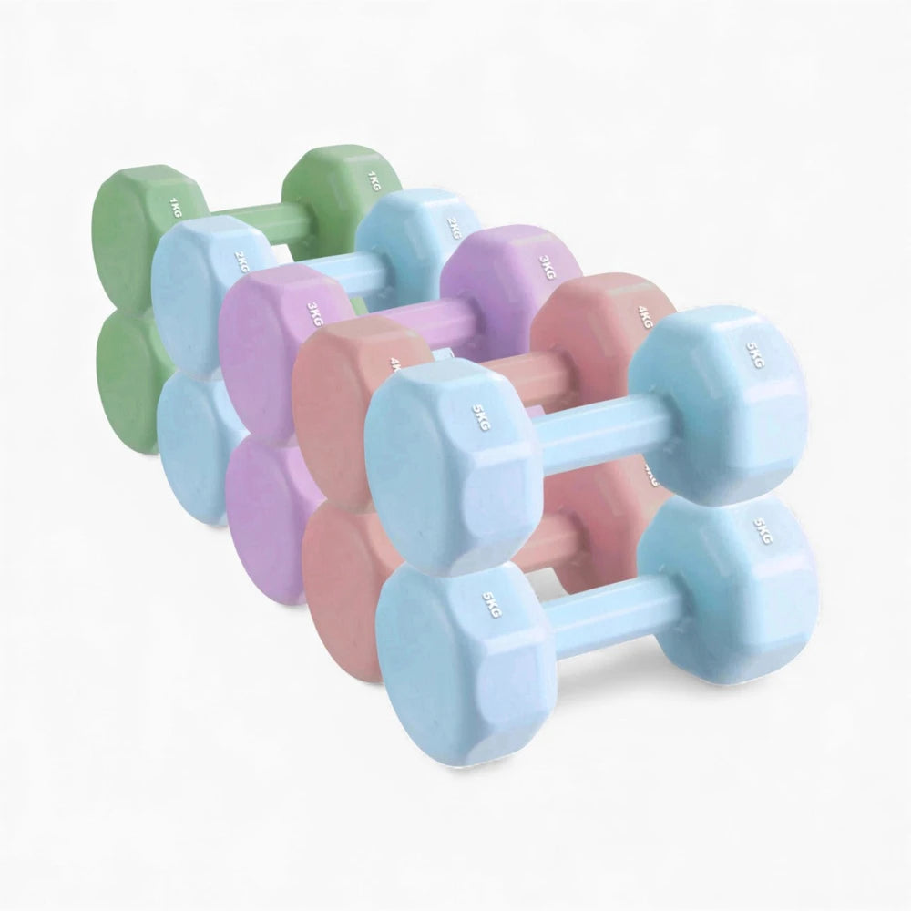 Set of colorful dumbbells on a white background