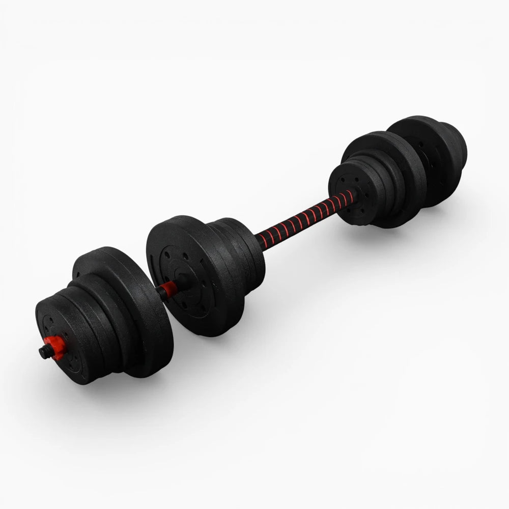 Pair of black adjustable dumbbells on a white background