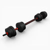 Pair of black dumbbells with red accents on a white background