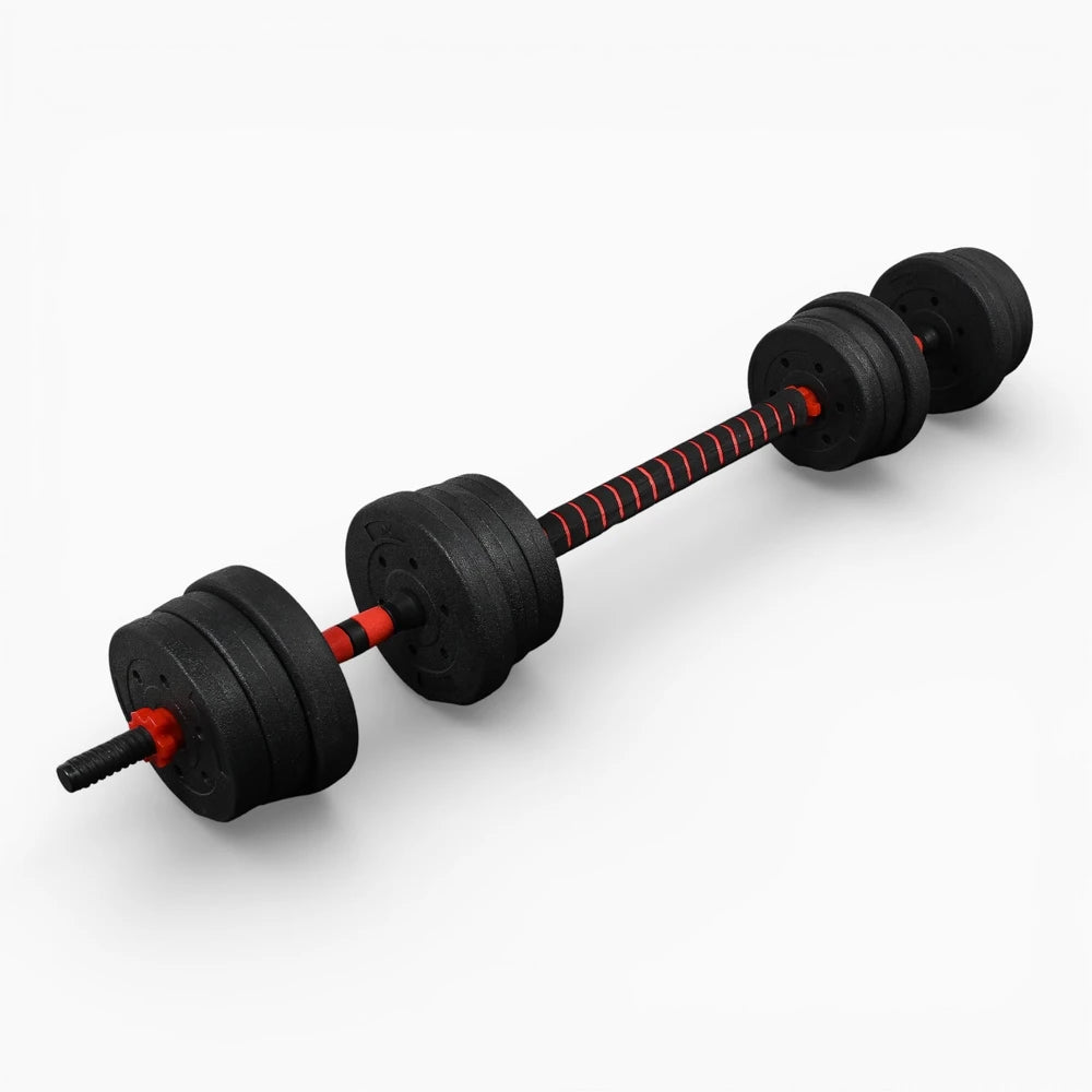 Pair of black dumbbells with red accents on a white background