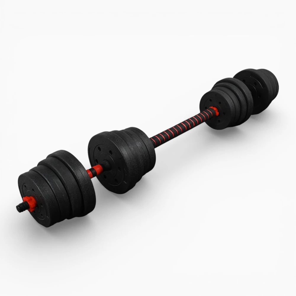Pair of black dumbbells with red accents on a white background