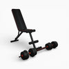 Black weight bench with adjustable backrest and dumbbells on a white background