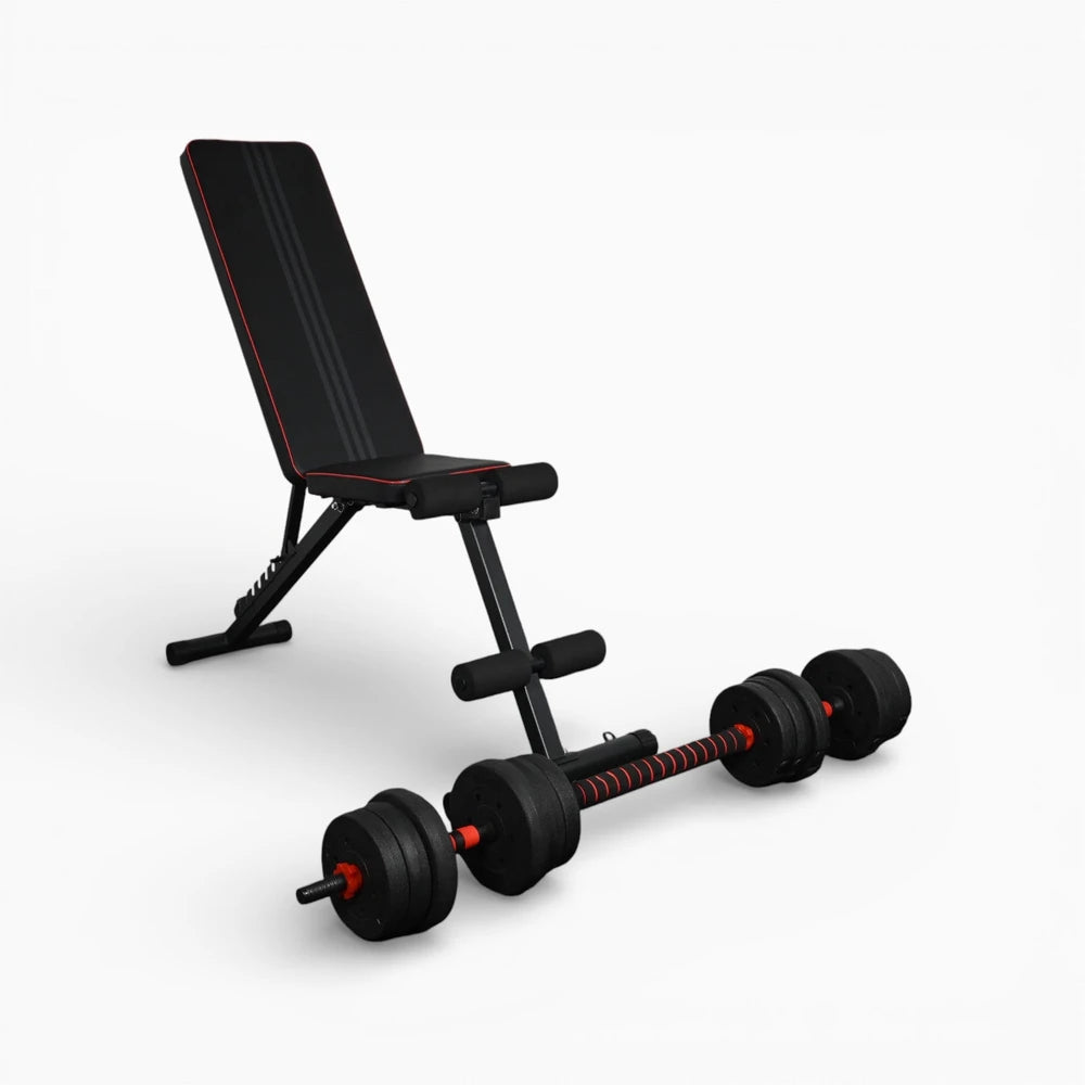 Black weight bench with adjustable backrest and dumbbells on a white background
