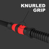 Black and red knurled grip on a gray background with 'Knurled Grip' text.