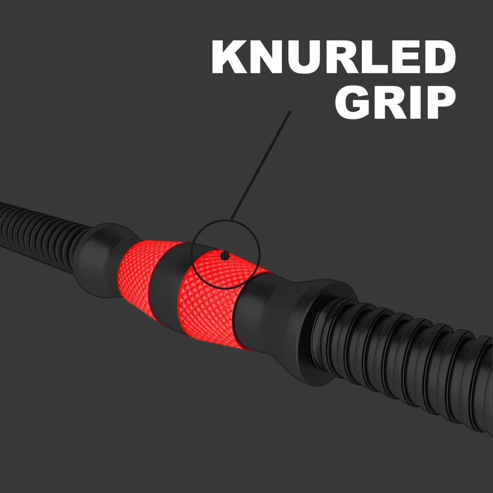 Black and red knurled grip on a gray background with 'Knurled Grip' text.