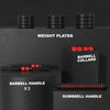 Gym equipment including weight plates, barbell collars, and handles on a dark background.