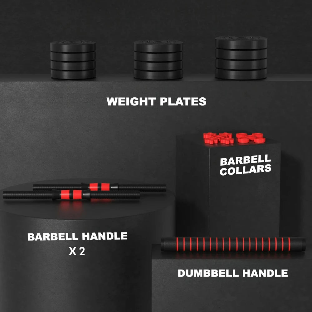 Gym equipment including weight plates, barbell collars, and handles on a dark background.