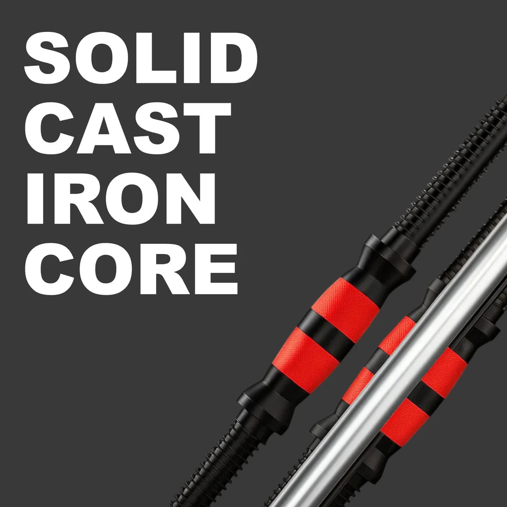 Two fishing rods with red and black grips on a gray background, featuring text 'SOLID CAST IRON CORE'.