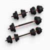 Set of adjustable dumbbells on a white background