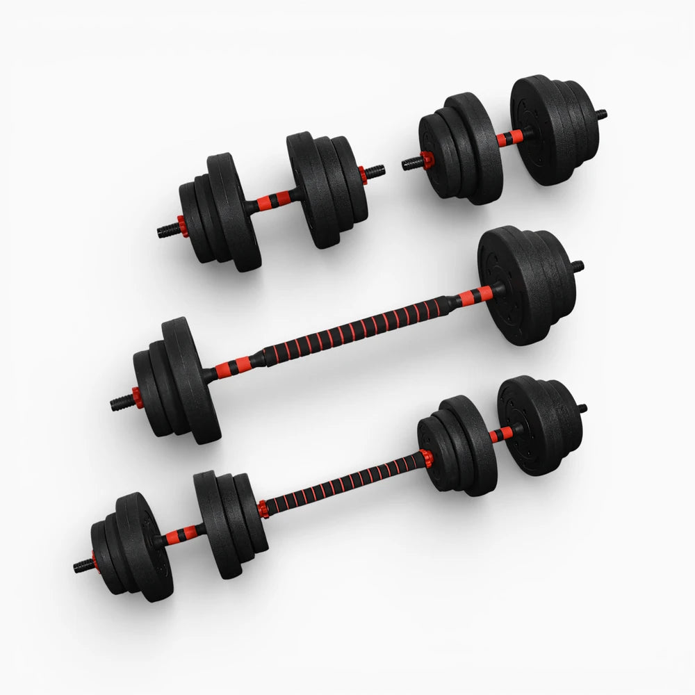 Set of adjustable dumbbells on a white background