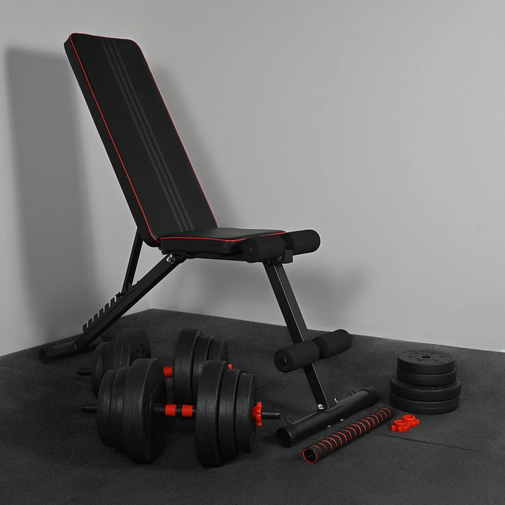 Black adjustable weight bench with weights on a gray surface